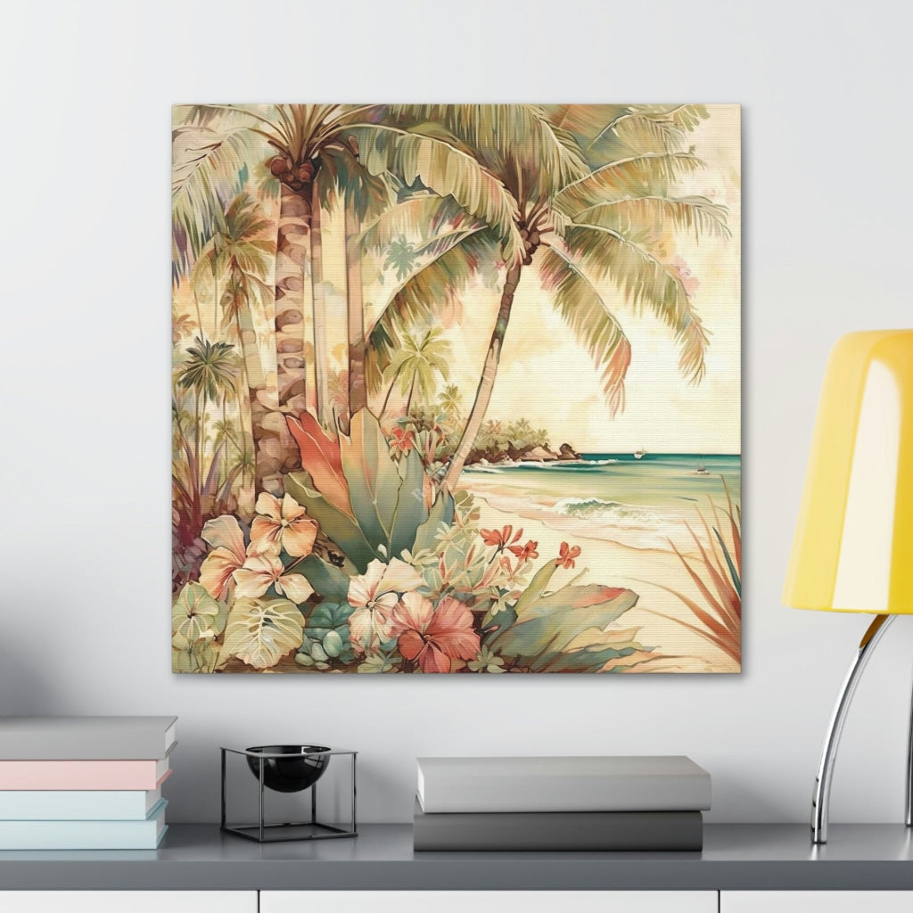 A Glowing Escape: Capture The Serene Beauty Of A Vintage Tropical Beach With Soothing Palette Canvas