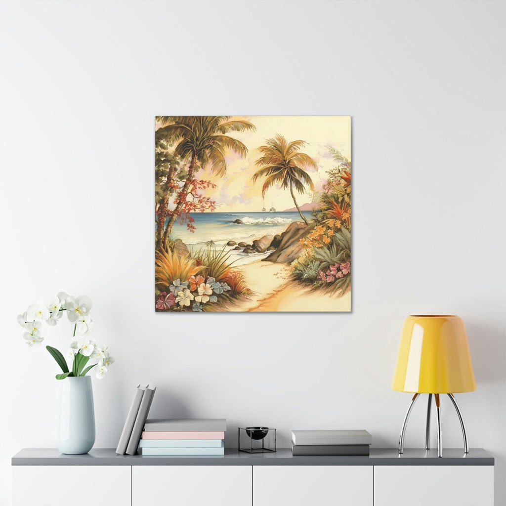 Create An Oasis: Experience The Tranquility Of A Vintage Tropical Beach Canvas