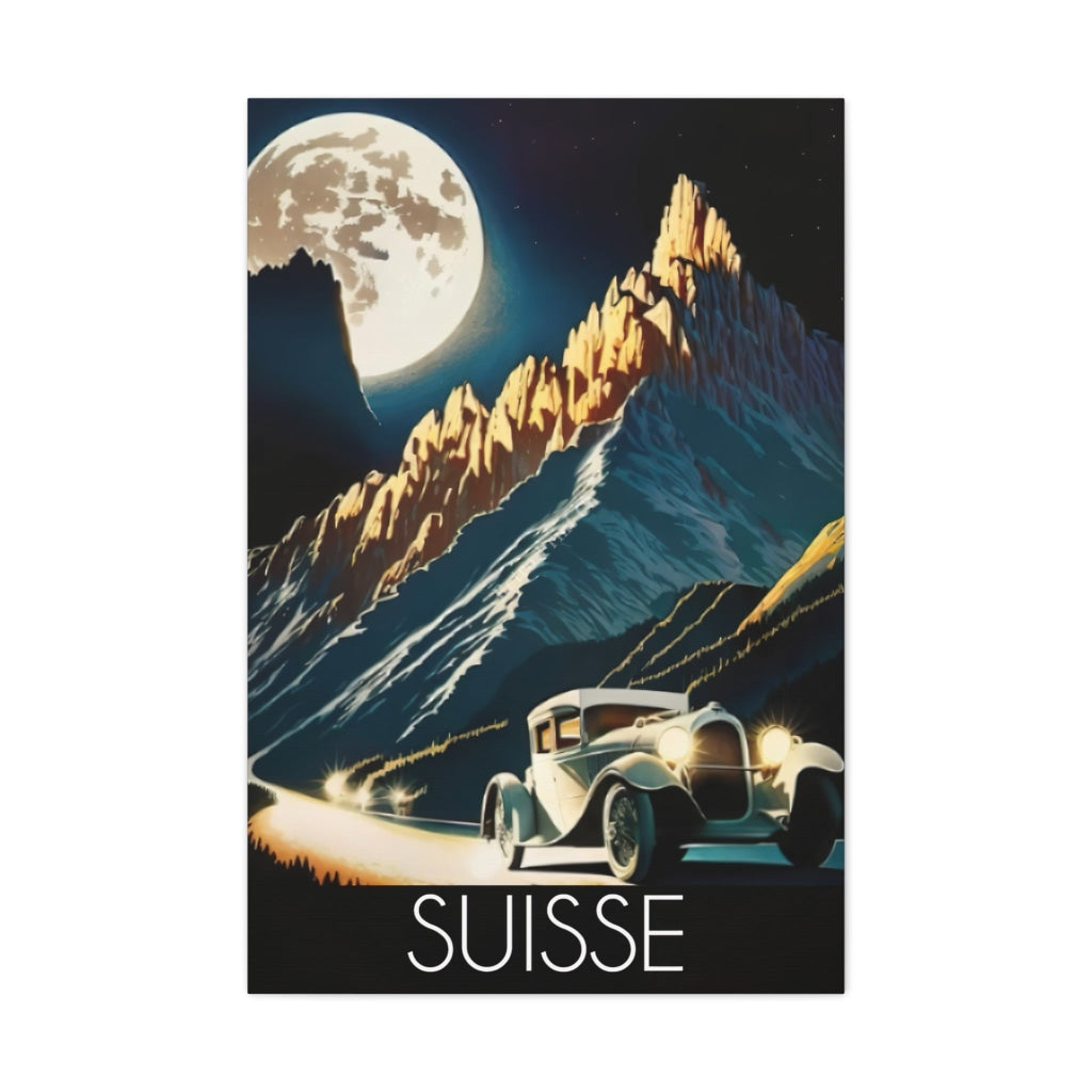 Experience The Magic Of A Moonlit Drive Through Swiss Alps 24 X 36 / Premium Gallery Wraps (1.25)