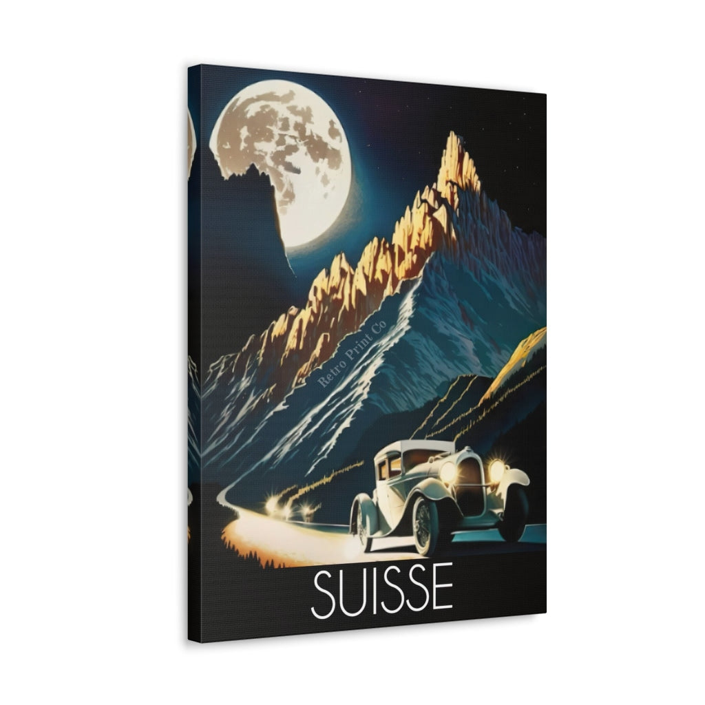 Experience The Magic Of A Moonlit Drive Through Swiss Alps Canvas
