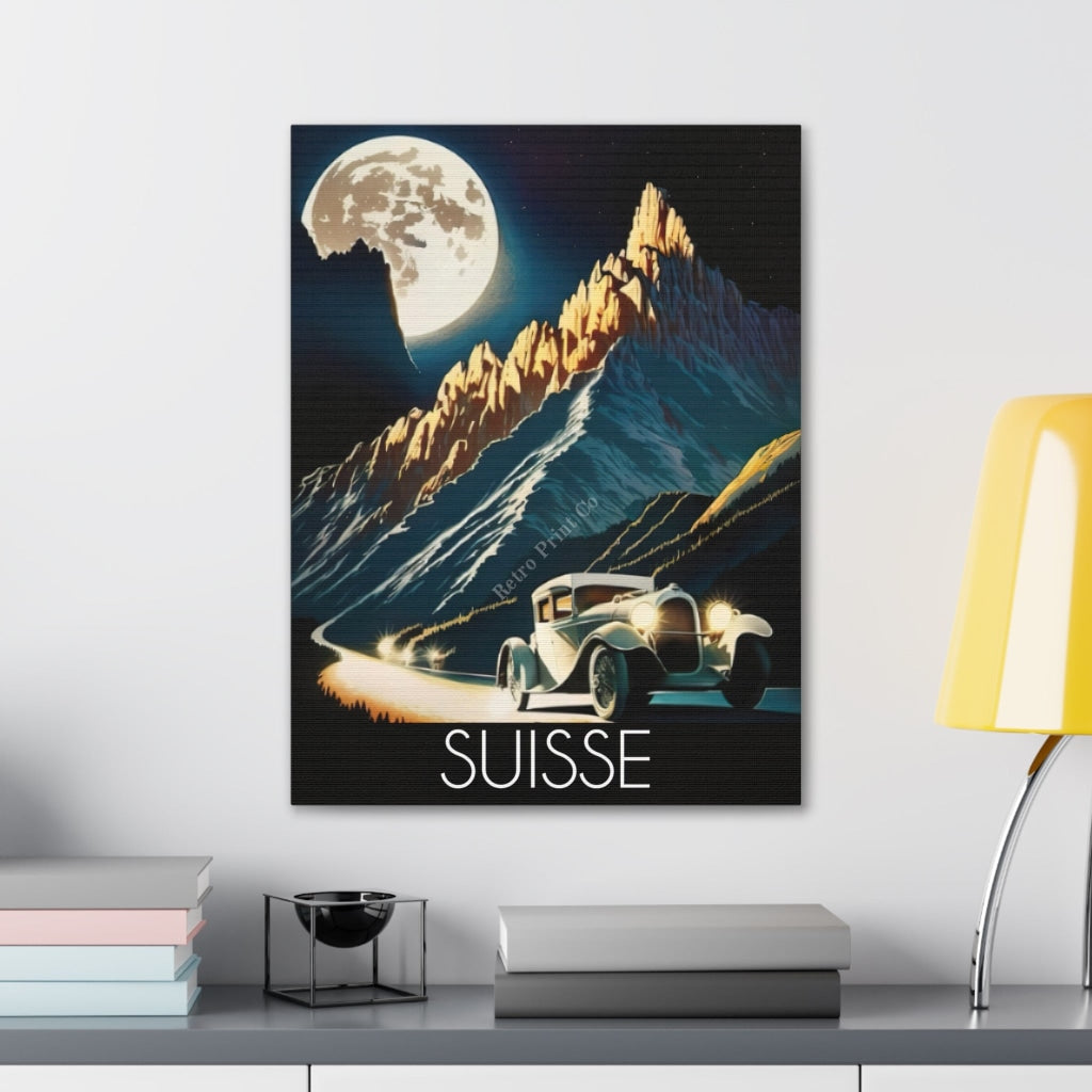 Experience The Magic Of A Moonlit Drive Through Swiss Alps Canvas
