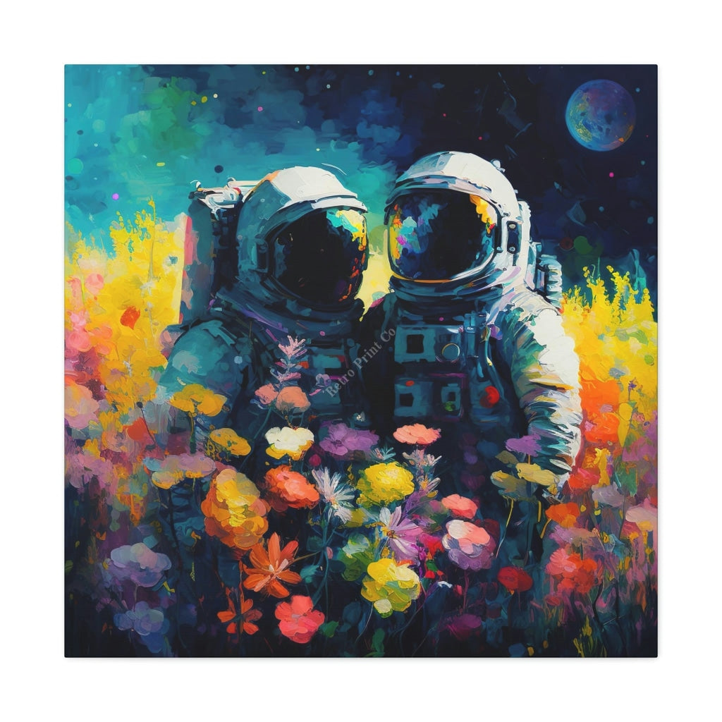 Starlit Embrace: Astronauts In A Moonlit Garden 30 X / Premium Gallery Wraps (1.25) Canvas