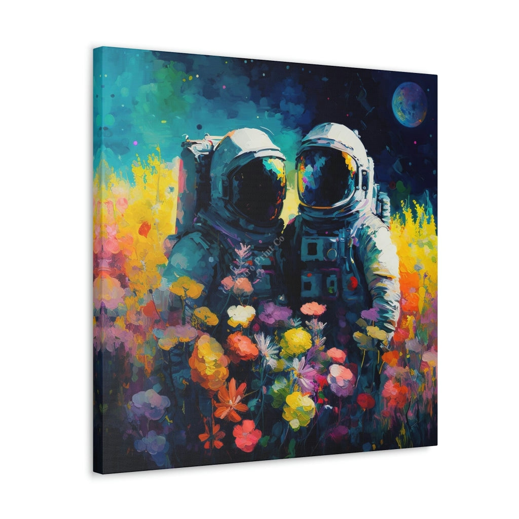 Starlit Embrace: Astronauts In A Moonlit Garden Canvas