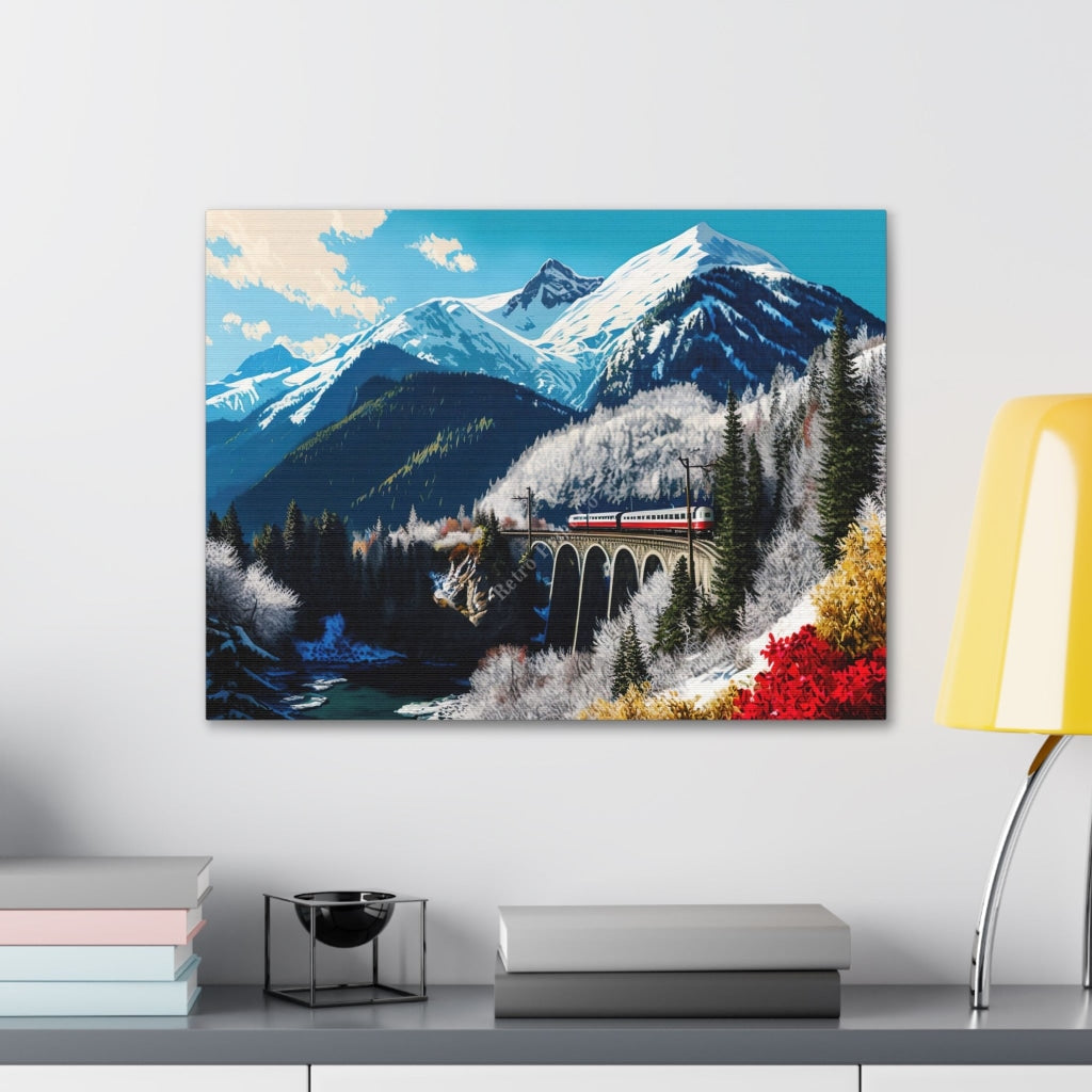 The Magic Of The Mountains: Vintage Train In Swiss Alps Canvas Print Wall Art