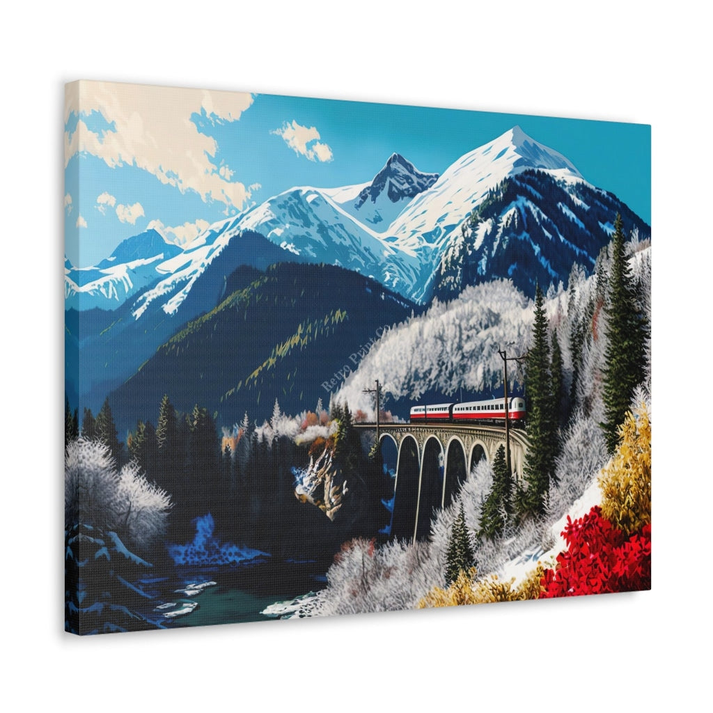 The Magic Of The Mountains: Vintage Train In Swiss Alps Canvas Print Wall Art